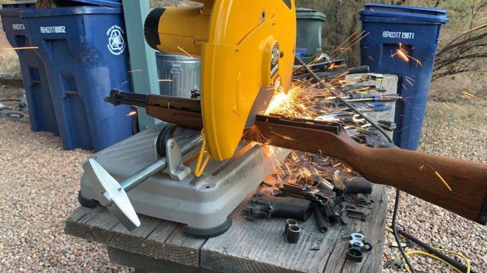 Firearms that are surrendered at gun buy-back events presented by New Mexicans to Prevent Gun Violence typically are destroyed with a gun saw.