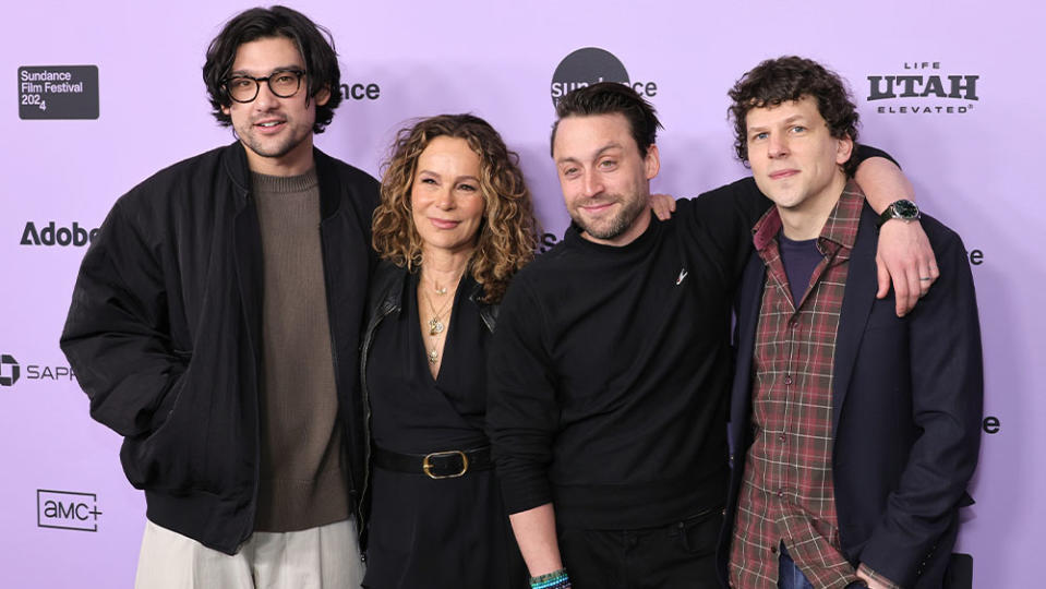 (L-R) Will Sharpe, Jennifer Grey, Kieran Culkin and Jesse Eisenberg attend 'A Real Pain' premiere at the Sundance Film Festival 2024