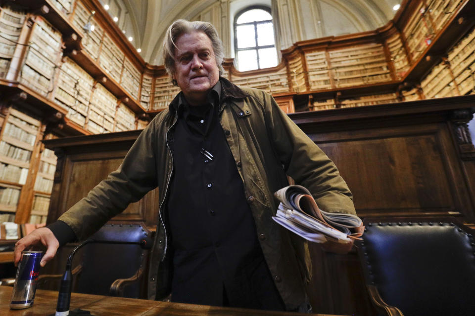 Former White House strategist Steve Bannon arrives to deliver a speech at Rome's Angelica Library, March 21, 2019. (Photo: Gregorio Borgia/AP)