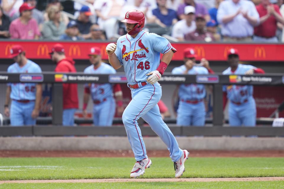 St. Louis Cardinals' Paul Goldschmidt (46) runs the bases after hitting a two-run home run during the second inning of a baseball game against the New York Mets, Saturday, June 17, 2023, in New York. (AP Photo/Frank Franklin II)