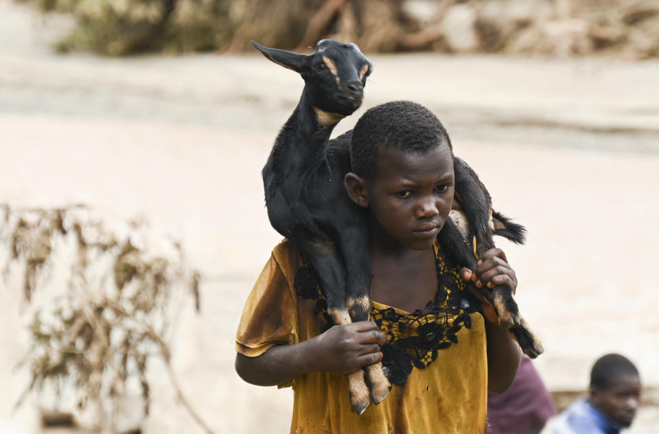 A child carries a goat on her shoulders through a flooded river caused by last week's heavy rains caused by Tropical Cyclone Freddy in Phalombe, southern Malawi Saturday, March 18, 2023. Authorities are still getting to grips with destruction in Malawi and Mozambique with over 370 people confirmed dead and several hundreds still displaced or missing. (AP Photo/Thoko Chikondi)