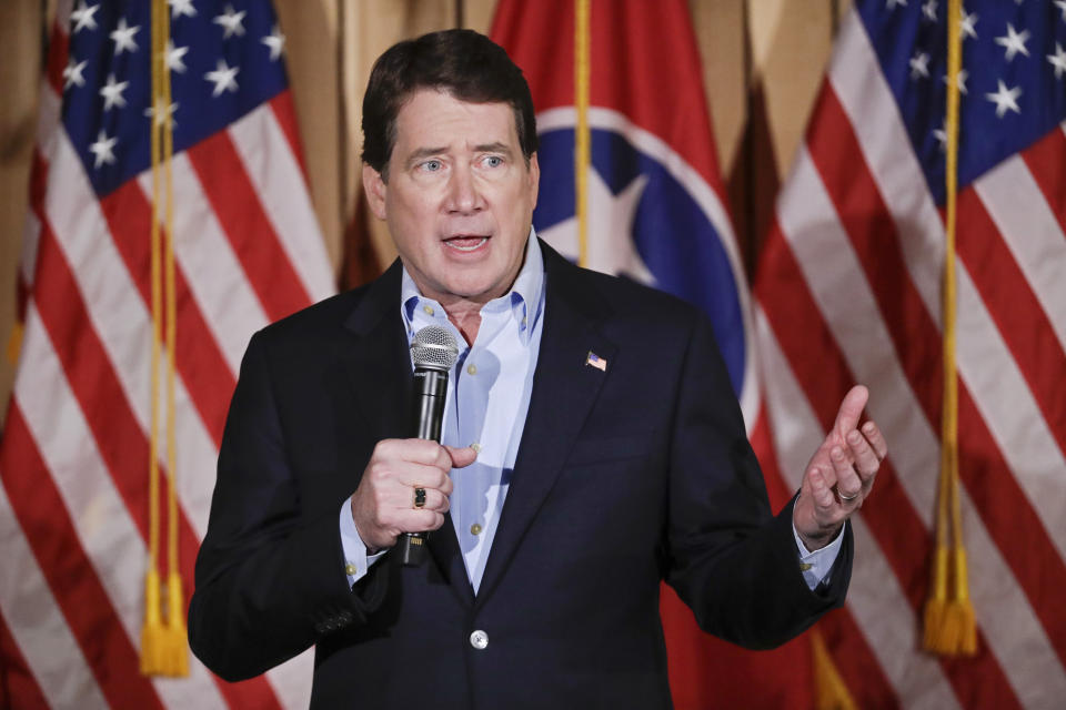 Former U.S. Ambassador to Japan Bill Hagerty campaigns for the U.S. Senate Tuesday, Jan. 28, 2020, in Gallatin, Tenn. (AP Photo/Mark Humphrey)