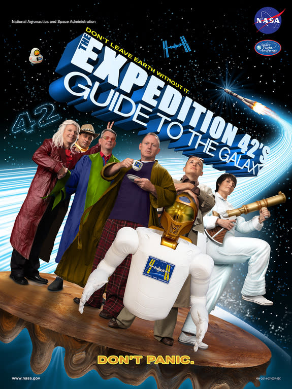 The official crew poster for the International Space Station's 42nd expedition parodies "The Hitchhiker's Guide to the Galaxy."