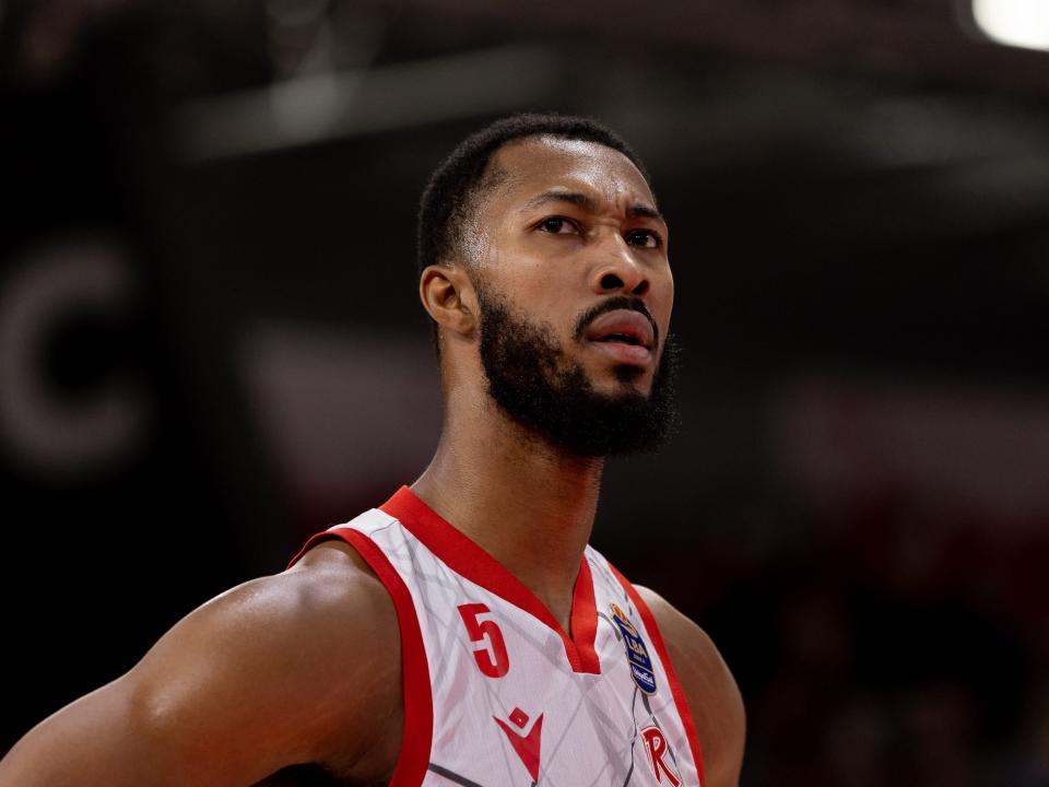 Mikael Hopkins of UNAHOTELS Reggio Emilia looks on during the LBA Lega Basket A match between UNAHOTELS Reggio Emilia and Umana Reyer Venezia at Palazzo Dello Sport PalaBigi on December 18, 2022