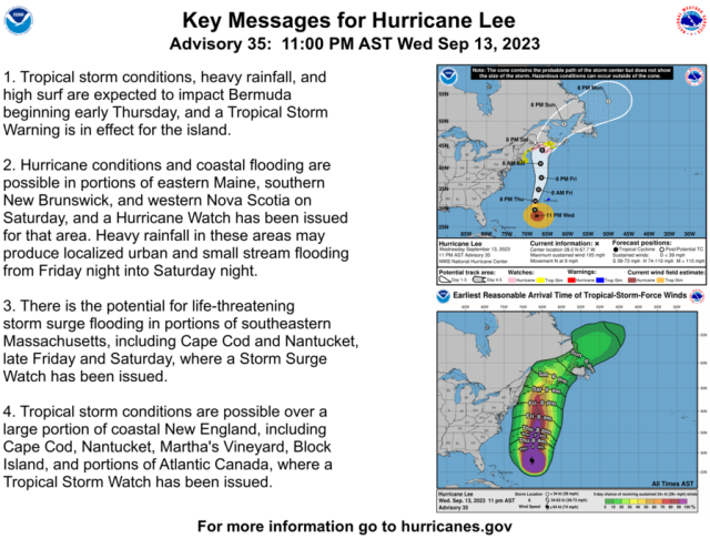 National Hurricane Center on X: 11 am AST: Hurricane #Lee is a large  hurricane and approaching New England and Atlantic Canada. Here are the Key  Messages. Visit  for details.   /