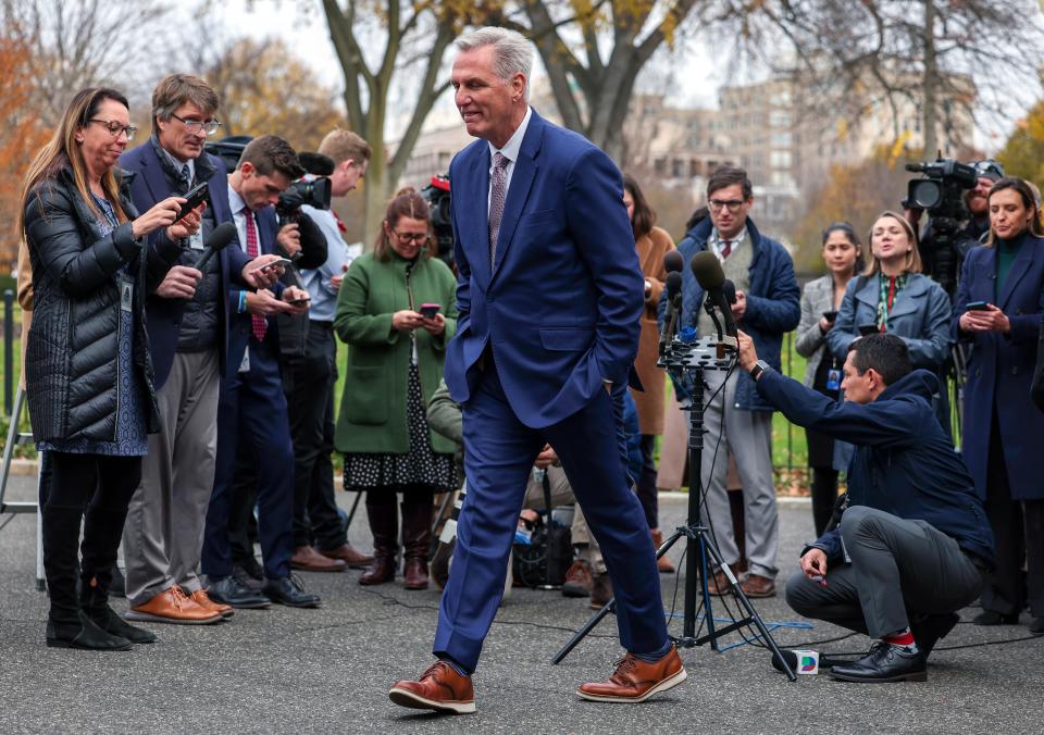 U.S. House Minority Leader Kevin McCarthy (R-CA) leaves after speaking to the media following a meeting with U.S. President Joe Biden and congressional leaders at the White House on November 29, 2022 in Washington, DC.