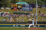 Honolulu's Luke Hiromoto (5) delivers during the fourth inning of a baseball game against Nolensville, Tenn., at the Little League World Series in South Williamsport, Pa., Wednesday, Aug. 24, 2022. Honolulu won 13-0. (AP Photo/Gene J. Puskar)