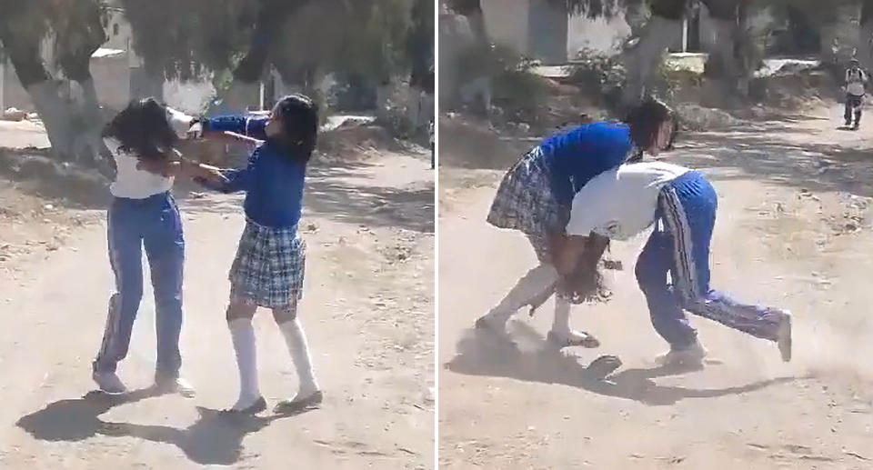 Schoolgirl Norma being beaten by a classmate. 