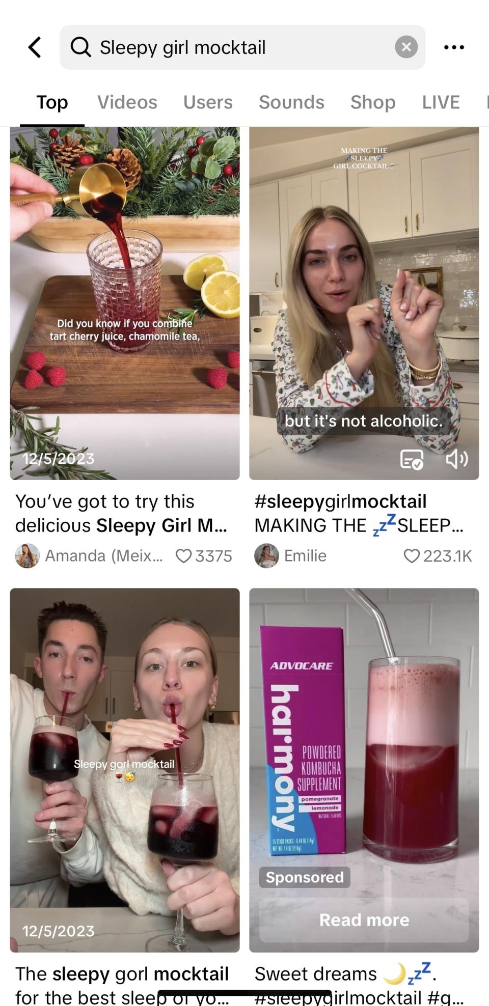 Collage of four images: three people holding drinks, and a text-based recipe for a "Sleepy Girl" cocktail