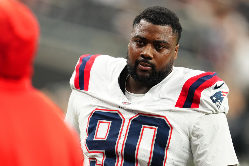 LAS VEGAS, NEVADA - OCTOBER 15: Christian Barmore #90 of the New England Patriots looks on during warmups before the game against the Las Vegas Raiders at Allegiant Stadium on October 15, 2023 in Las Vegas, Nevada.  (Photo by Chris Unger/Getty Images)