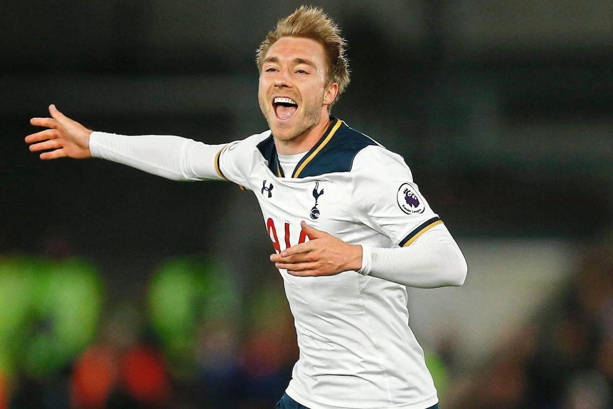 On target: Christian Eriksen kept Tottenham in the Premier League title race on Wednesday: REUTERS