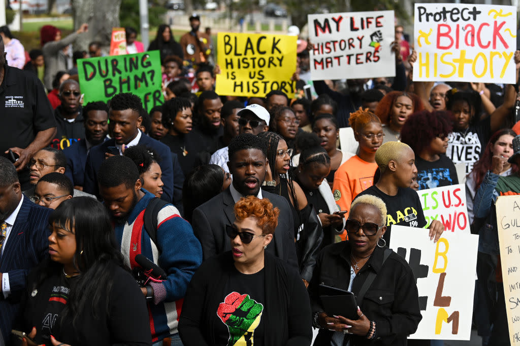 Demonstrators protest Florida Governor Ron DeSantis plan to prevent A.P. course on African American studies In Tallahassee