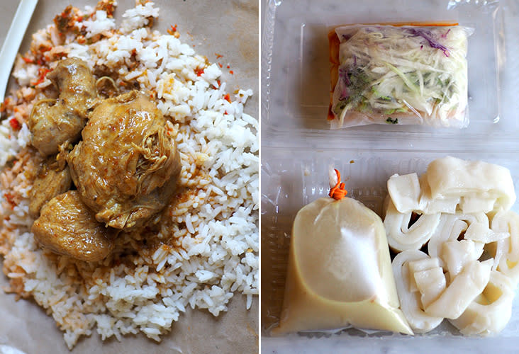 Looking for a simple meal, try their 'nasi berlauk' with 'gulai ayam' and 'sambal belacan' (left). You can pick up 'laksam' all packed and ready to go (right).