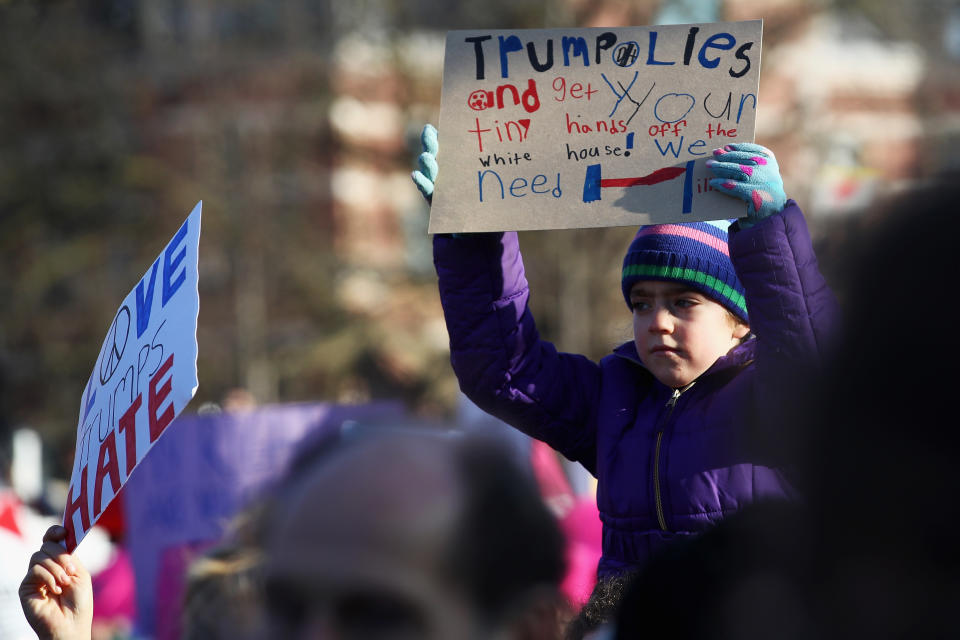 Demonstrators make their way towards US Consulate during the Women's March held at Museumplein on January 21, 2017 in Amsterdam, Netherlands.&nbsp;