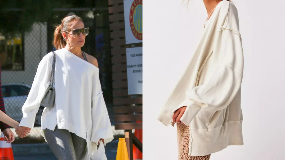 split screen of free people white sweater and jennifer lopez wearing sunglasss, leggings and white free people sweatshirt, Jennifer Lopez in Free People's We The Free Camden Sweatshirt (Photos via Getty & Free People)