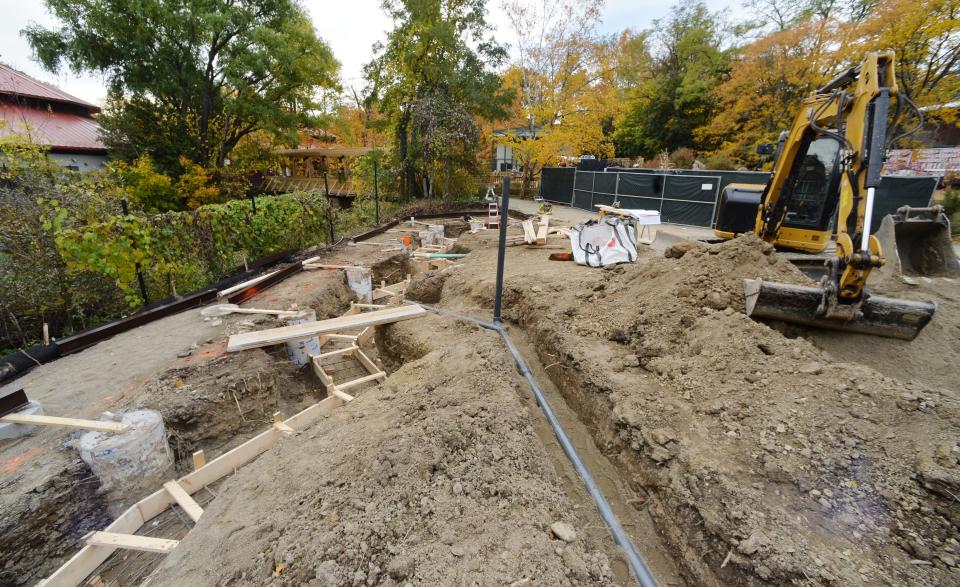 New construction continues at the Erie Zoo in Erie on Oct. 25, 2023. At left will be a retaining wall and a concrete-and-steel raised walkway. Utility lines, center, connect to multiple pools in the expanded otter exhibit and the red panda exhibit, far right, is being enlarged.