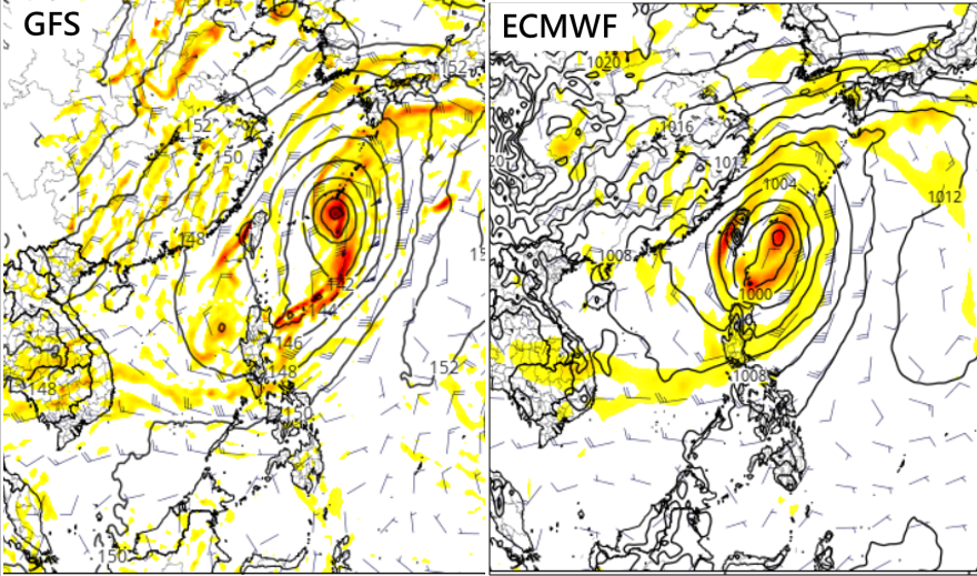 台灣東側的季風低壓環流在歐洲模式與美國模式呈現的模擬結果差異頗大，還不能確定會如何影響台灣。   圖：翻攝自tropical tidbit
