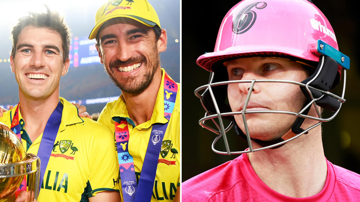 Mitchell Starc celebrates with Pat Cummins and Steve Smith reacts.