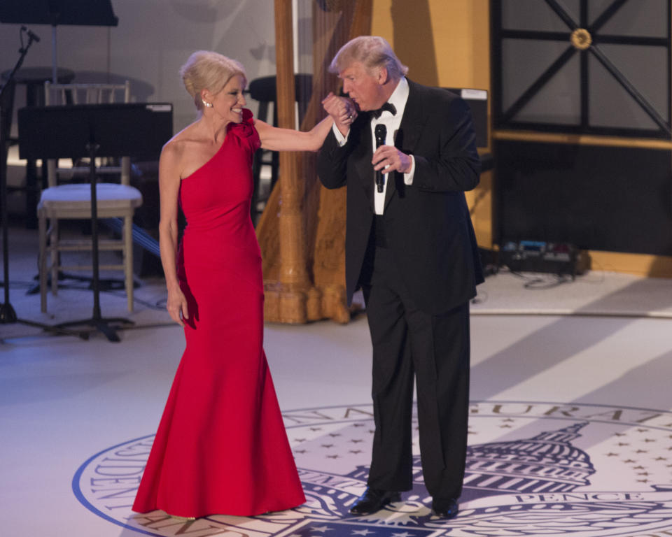 President Trump praised White House counselor Kellyanne Conway for her work, saying, “Thank you baby” at a January 2017 dinner. (Photo: Getty Images)