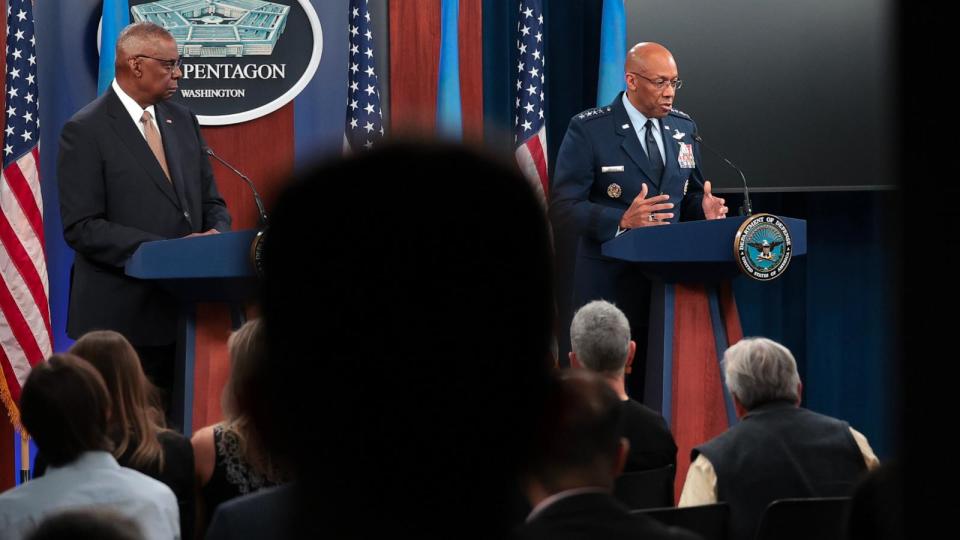 PHOTO: U.S. Secretary of Defense Lloyd Austin (C) and Chairman of the Joint Chiefs of Staff Gen. C. Q. Brown, Jr (R) answer questions during a press briefing at the Pentagon April 26, 2024 in Arlington. (Win Mcnamee/Getty Images)