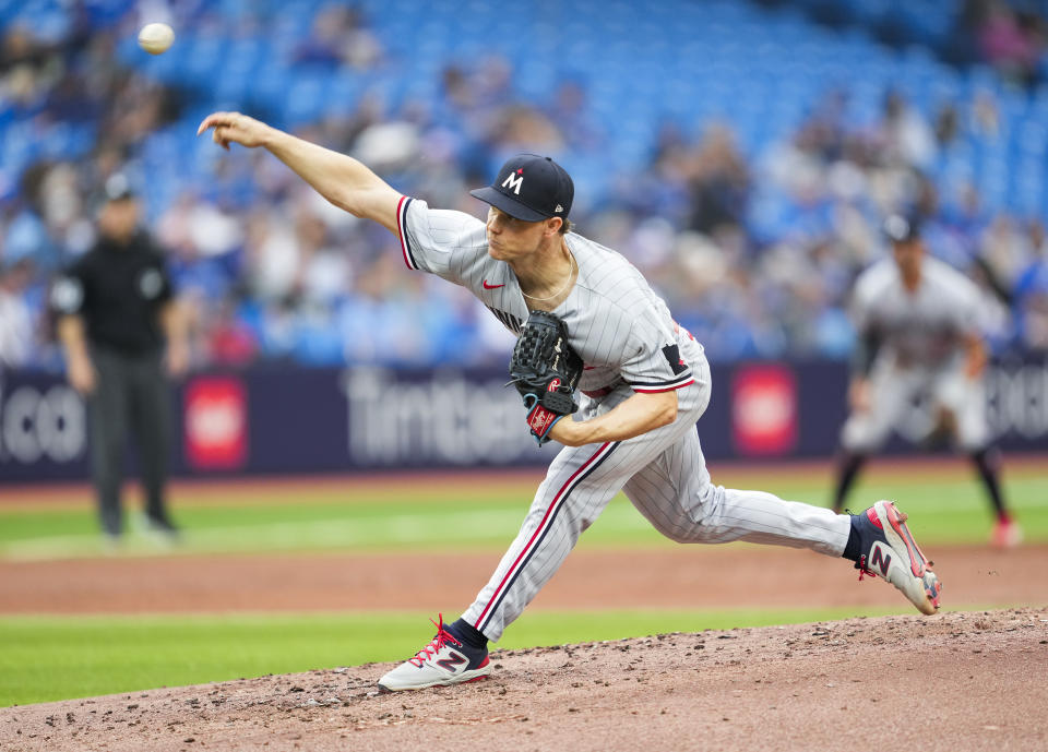 Minnesota Twins starting pitcher Sonny Gray throws to a Toronto Blue Jays batter during the second inning of a baseball game Friday, June 9, 2023, in Toronto. (Mark Blinch/The Canadian Press via AP)