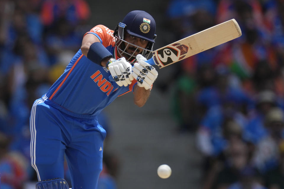 India's Axar Patel plays a shot during the ICC Men's T20 World Cup final cricket match between India and South Africa at Kensington Oval in Bridgetown, Barbados, Saturday, June 29, 2024. (AP Photo/Ricardo Mazalan)