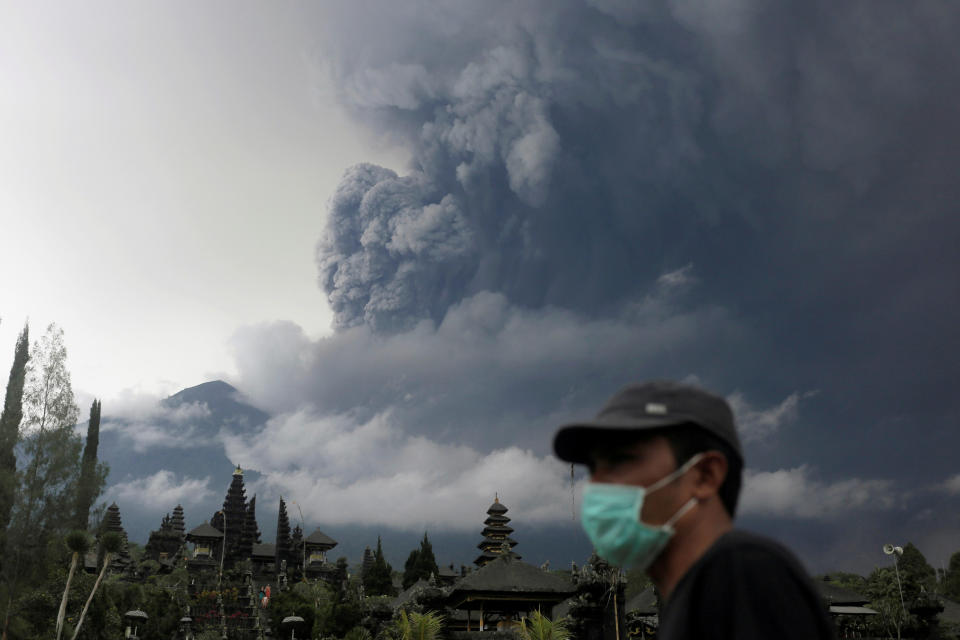 Mount Agung volcano eruption as seen from Besakih Temple in Bali on&nbsp;Saturday.&nbsp;