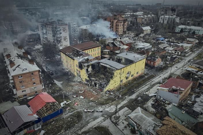 An aerial view of Bakhmut, the site of heavy battles with Russian troops in the Donetsk region, Ukraine, Sunday, March 26, 2023.