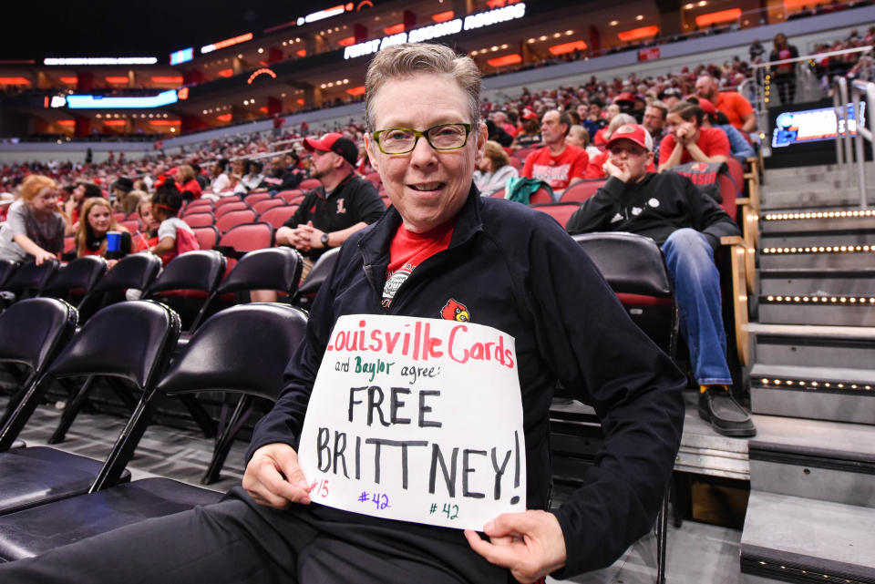 A fan holds a 'Free Brittney' sign in reference to WNBA star Brittney Griner who is being held in a Russian prison. 