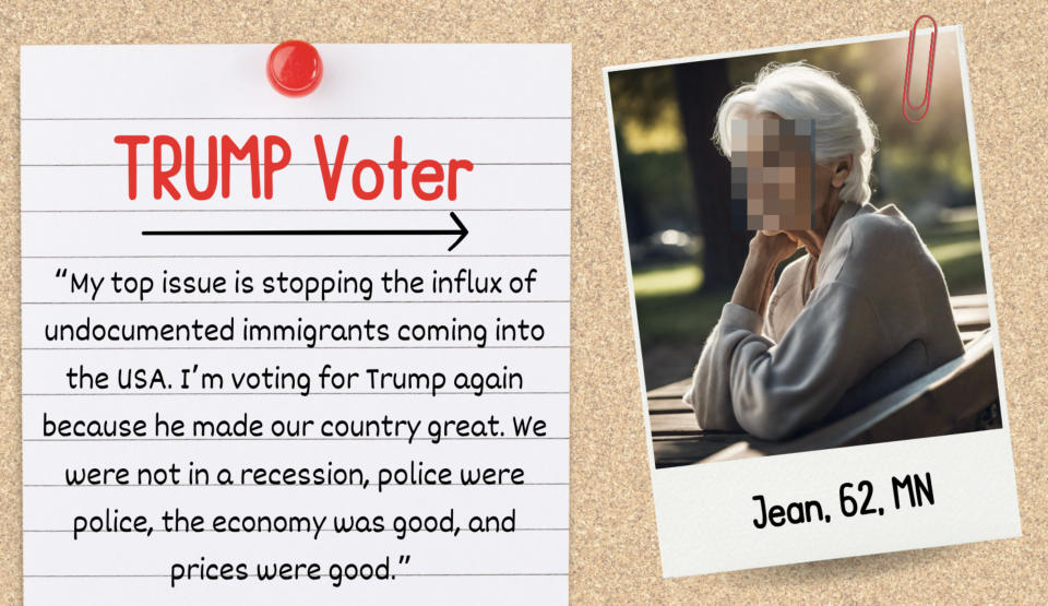 Note summarizing voter's stance with "TRUMP Voter" headline; Elderly woman named Jean, 62, from MN appears contemplative