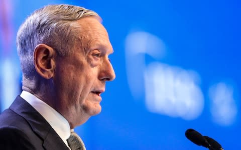 U.S. Defense Secretary Jim Mattis delivers his speech during the first plenary session of the 17th International Institute for Strategic Studies - Credit:  Yong Teck Lim/AP