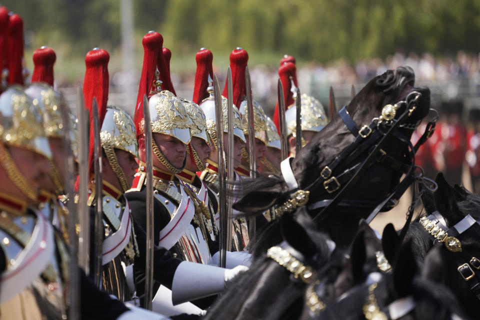 Soldiers attend the Colonel's Review, the final rehearsal of the Trooping the Colour, the King's annual birthday parade, at Horse Guards Parade in London, Saturday, June 10, 2023. (AP Photo/Alberto Pezzali)