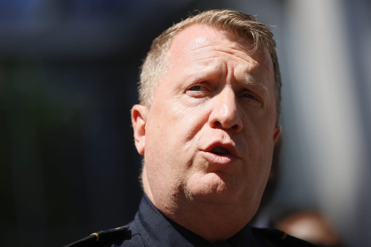 FILE – Atlanta Police Chief Darin Schierbaum speaks to reporters near the scene of a shooting, May 3, 2023, in Atlanta. Schierbaum said Wednesday, July 5, a fire that destroyed eight Atlanta Police Department motorcycles was among several acts of vandalism in recent days by a group of “anarchists” aimed at stopping construction of a new public safety training center. (AP Photo/Alex Slitz, File)