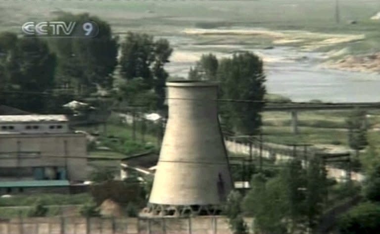 Footage from Chinese television shows a cooling tower seconds before its demolition at Yongbyon nuclear complex on June 27, 2008. North Korea shut down the Yongbyon reactor in July 2007 under a six-nation aid-for-disarmament accord