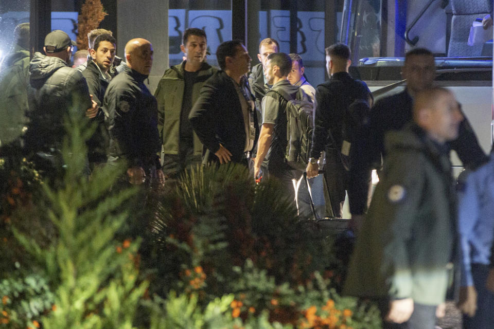 Israel's national soccer team arrive at a hotel, in the capital Pristina, Friday, Nov. 10, 2023. Israel’s national soccer team has arrived in Kosovo amid tight security measures at the airport ahead of a postponed European Championship qualifier. (AP Photo/Visar Kryeziu)