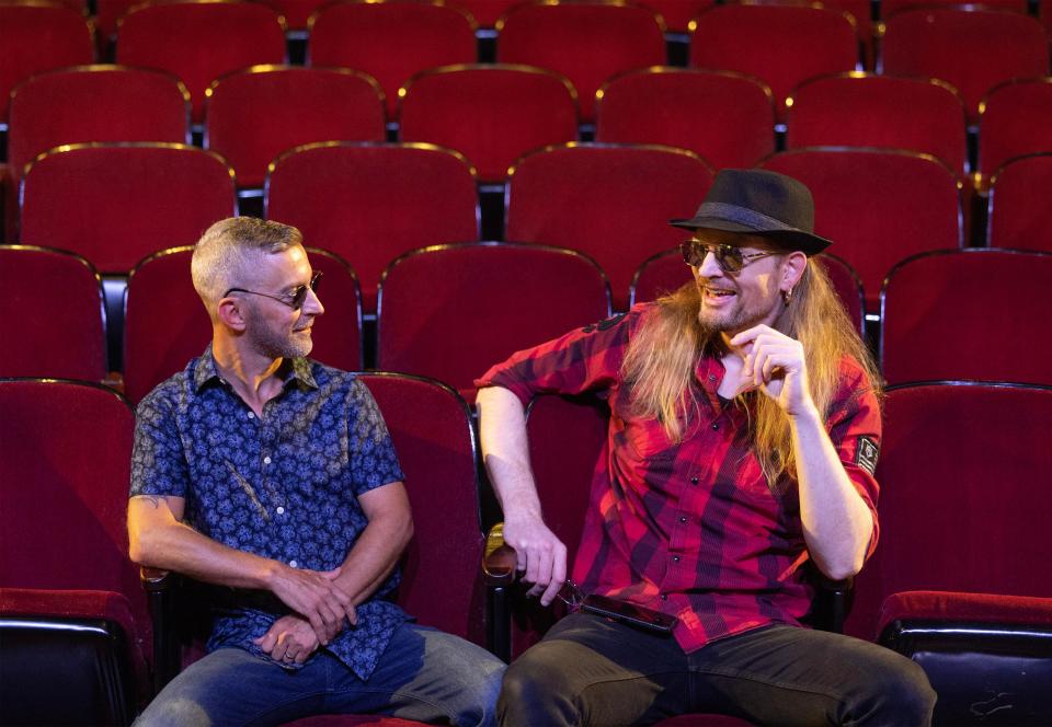 Jay Secrest, left, and Ken Harding of New Wave Nation are shown inside the Canton Palace Theatre, where they will have a 25th anniversary concert at 7:30 p.m. today. Tickets are $25.