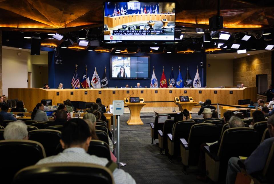 Council members and Austin Mayor Kirk Watson are present in person during the Austin city council meeting on Thursday, May 16, 2024 in Austin. Zohaib "Zo" Qadri, Paige Ellis, Mackenzie Kelly, Mayor Pro Tem Leslie Pool and José "Chito" Vela were in person with Mayor Kirk Watson