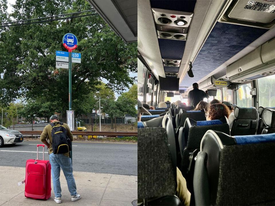 boy waiting for jitney bus with red suitcase (left), full jitney bus (right)