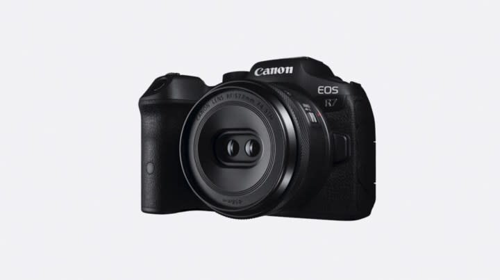 A spatial lens for the Canon EOS R7 camera.