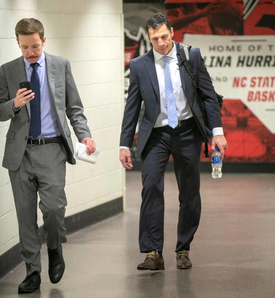 Carolina Hurricanes coach Rod Brind’Amour arrives for his post-game press conference following the Hurricanes’ 3-2 overtime victory against the New Jersey Devils on Thursday, May 11, 2023 at PNC Arena in Raleigh, N.C.