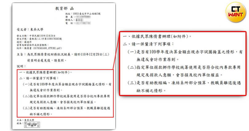 本刊獨家取得教育部公文，教育部要求東吳大學說明財務狀況、捐款用途、助教縮編等疑問。（圖／讀者提供）