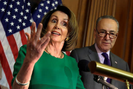 U.S. House Minority Leader Nancy Pelosi (D-CA) speaks next to Senate Minority Leader Chuck Schumer (D-NY) during a news conference on President Trump's first 100 days on Capitol Hill in Washington, U.S April 28, 2017. REUTERS/Yuri Gripas