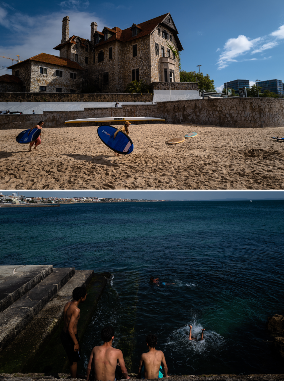 In top photo, two women carry surfboards at a beach. In the bottom photo, swimmers dive into the blue waters.