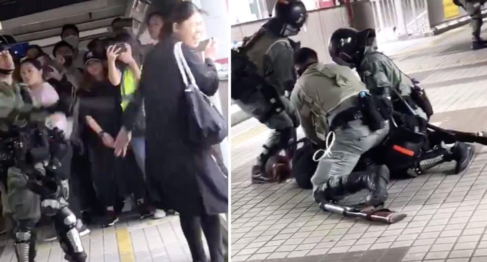 Female Hong Kong protester being pepper sprayed by police and wrestled to the ground.