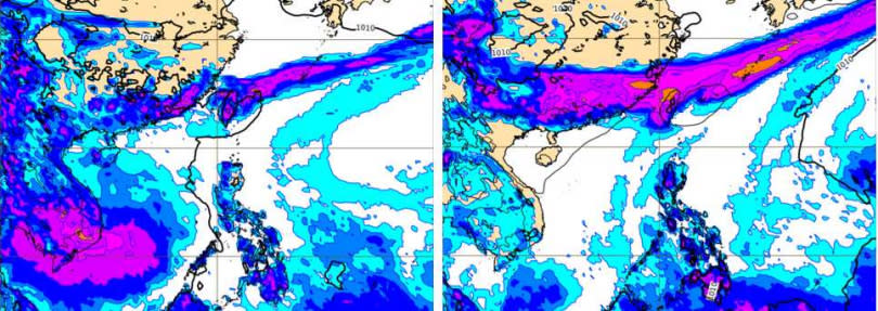 最新(20日20時)歐洲模式模擬25日20時地面氣壓及前12小時降水圖（左）顯示，「滯留鋒」影響台灣、降雨明顯。模擬30日20時地面氣壓及前12小時降水圖（右）顯示，「滯留鋒」再增強，重返台灣，伴隨大量降雨。（圖／翻攝自「三立準氣象· 老大洩天機」專欄）