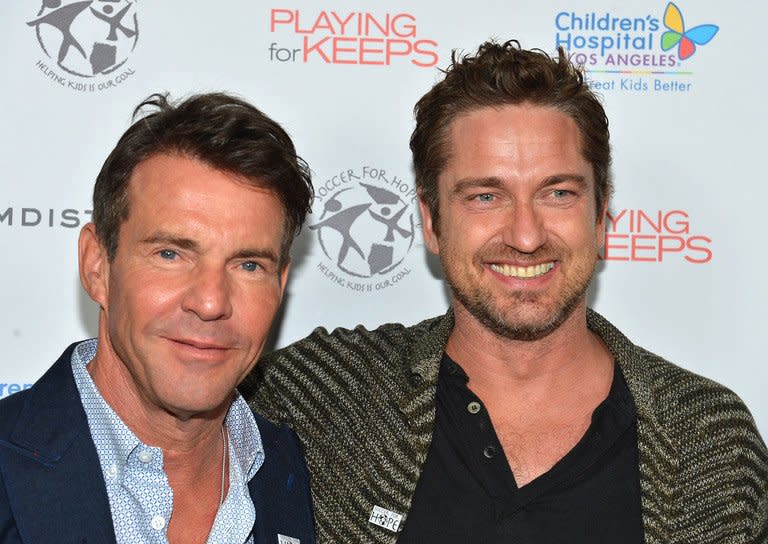 Actors Dennis Quaid (L) and Gerard Butler arrive at the special Children's Hospital Los Angeles' Benefit screening of 'Playing For Keeps' at ArcLight Hollywood, on November 28, in Hollywood, California