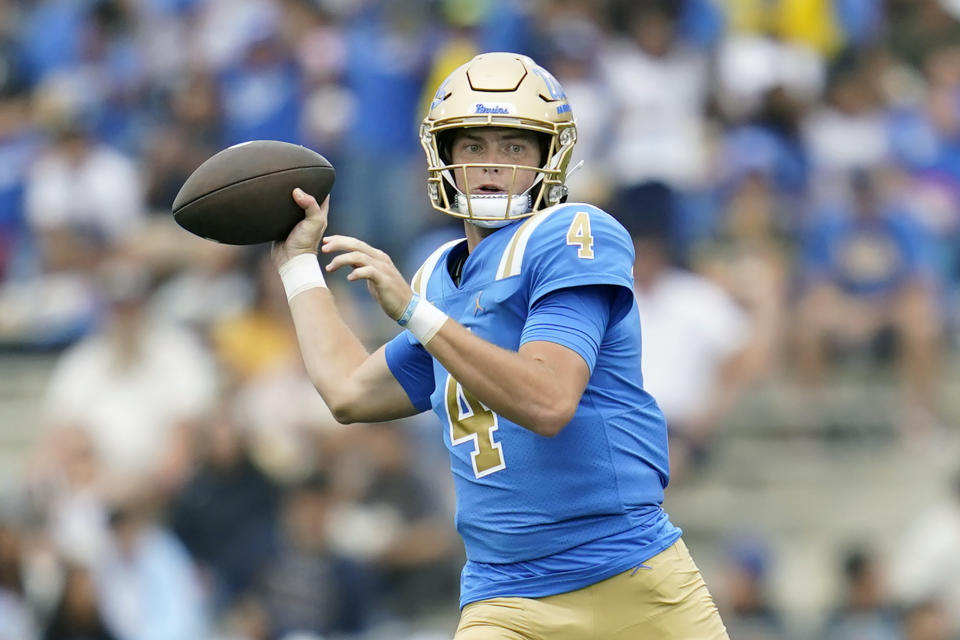 FILE - UCLA quarterback Ethan Garbers throws during the team's NCAA college football game against Alabama State in Pasadena, Calif., Sept. 10, 2022. UCLA opens their season at home against Coastal Carolina on Sept. 2. (AP Photo/Ashley Landis, File)