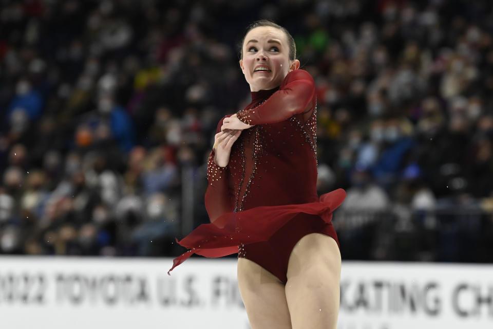 Mariah Bell competes in the women's free skate program during the U.S. Figure Skating Championships Friday, Jan. 7, 2022, in Nashville, Tenn. (AP Photo/Mark Zaleski)