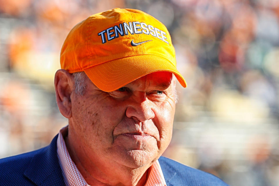 NASHVILLE, TN - NOVEMBER 24:  Former head coach Phillip Fulmer of the Tennessee Volunteers walks the sideline prior to a 38-13 Vanderbilt victory over the University of Tennessee at Vanderbilt Stadium on November 24, 2018 in Nashville, Tennessee.  (Photo by Frederick Breedon/Getty Images)