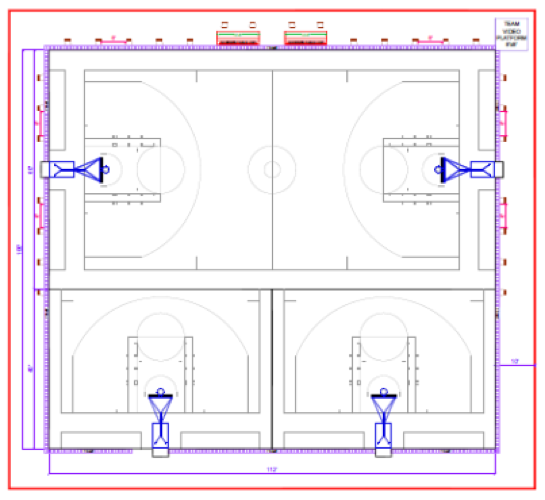 Blueprint for two half-court shooting practice floors alongside a full court.